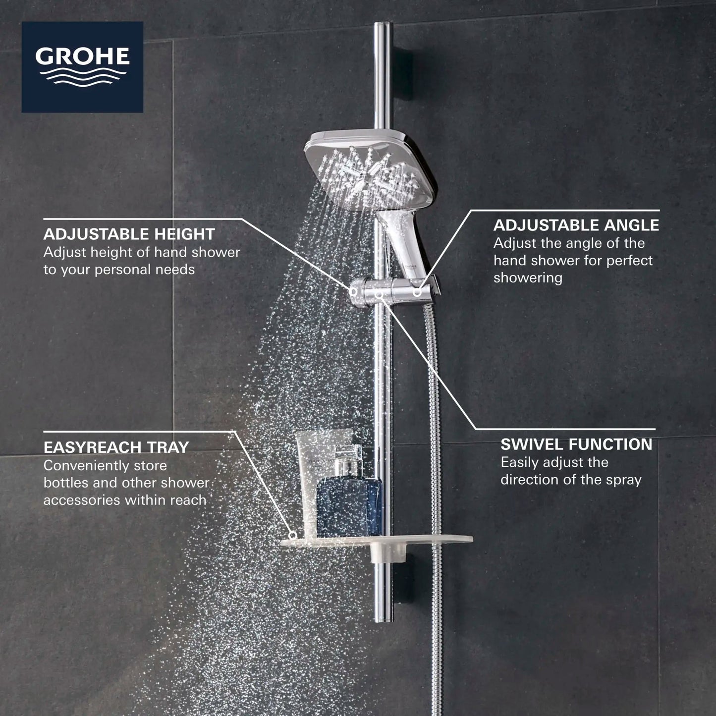 Grohe Rainshower SmartActive 24" Shower Slide Bar Kit - 3 Sprays, 6.6 L/min (1.75 gpm) - 26585