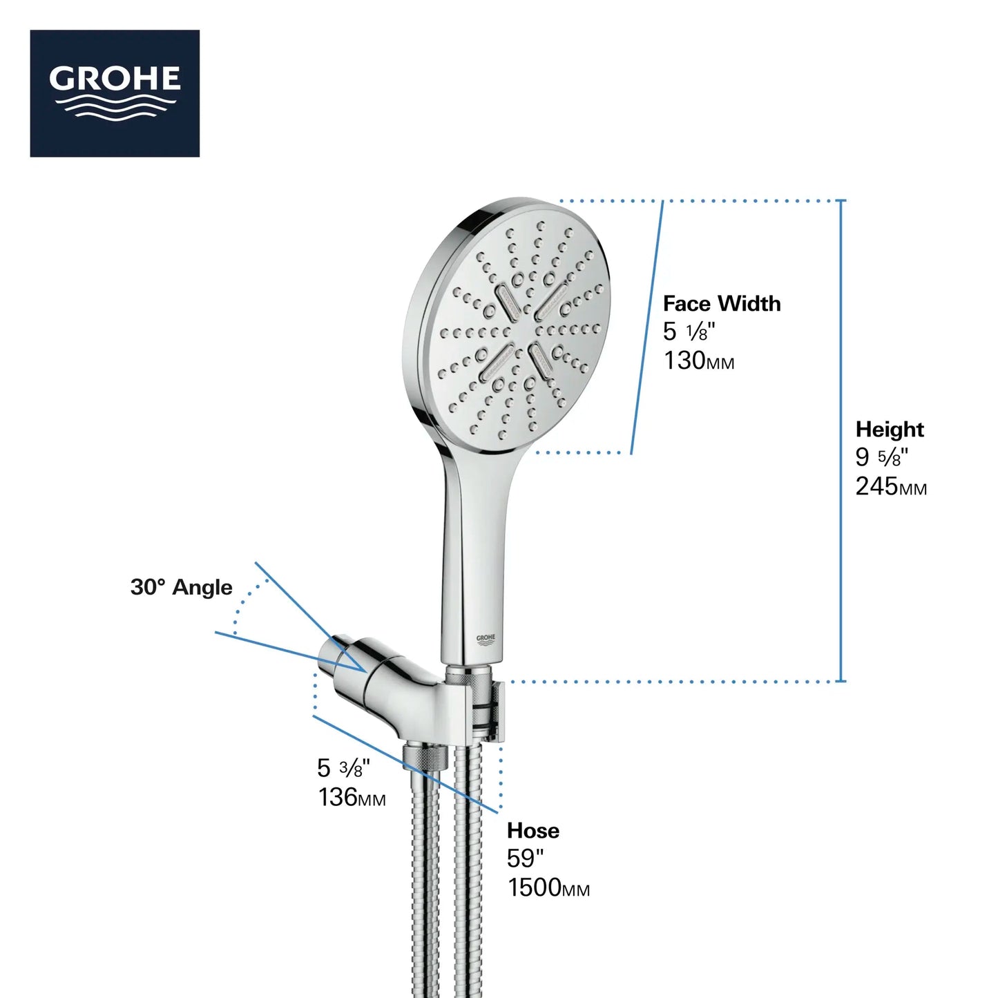 Grohe Rainshower SmartActive Hand Shower Kit - 3 Sprays, 6.6 L/min (1.75 gpm) - 26604