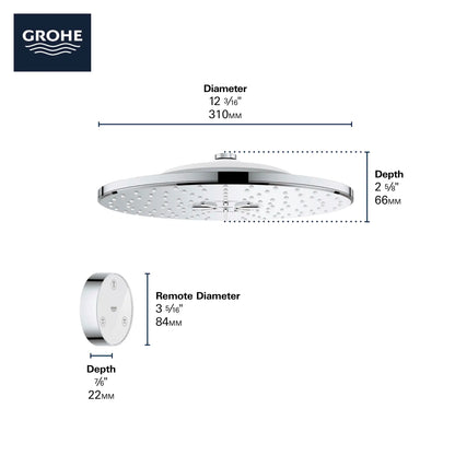Grohe Rainshower 310 Smartconnect Shower Head with Remote, 12" - 2 Sprays, 1.75 GPM (6.6 L/min) - 26644