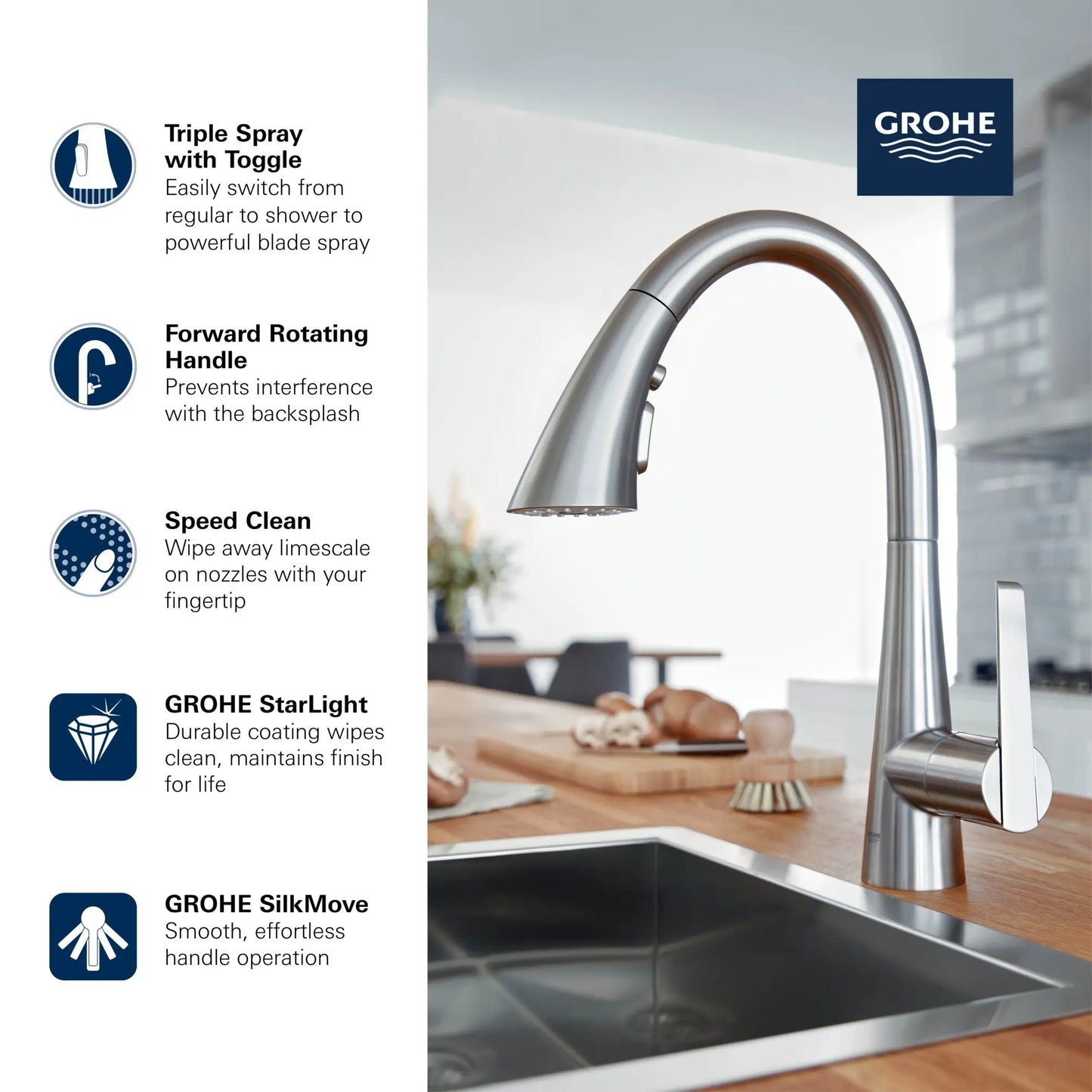 Grohe Zedra Single-Handle Pull Down Triple Spray Bar Faucet 1.75 gpm - 30368