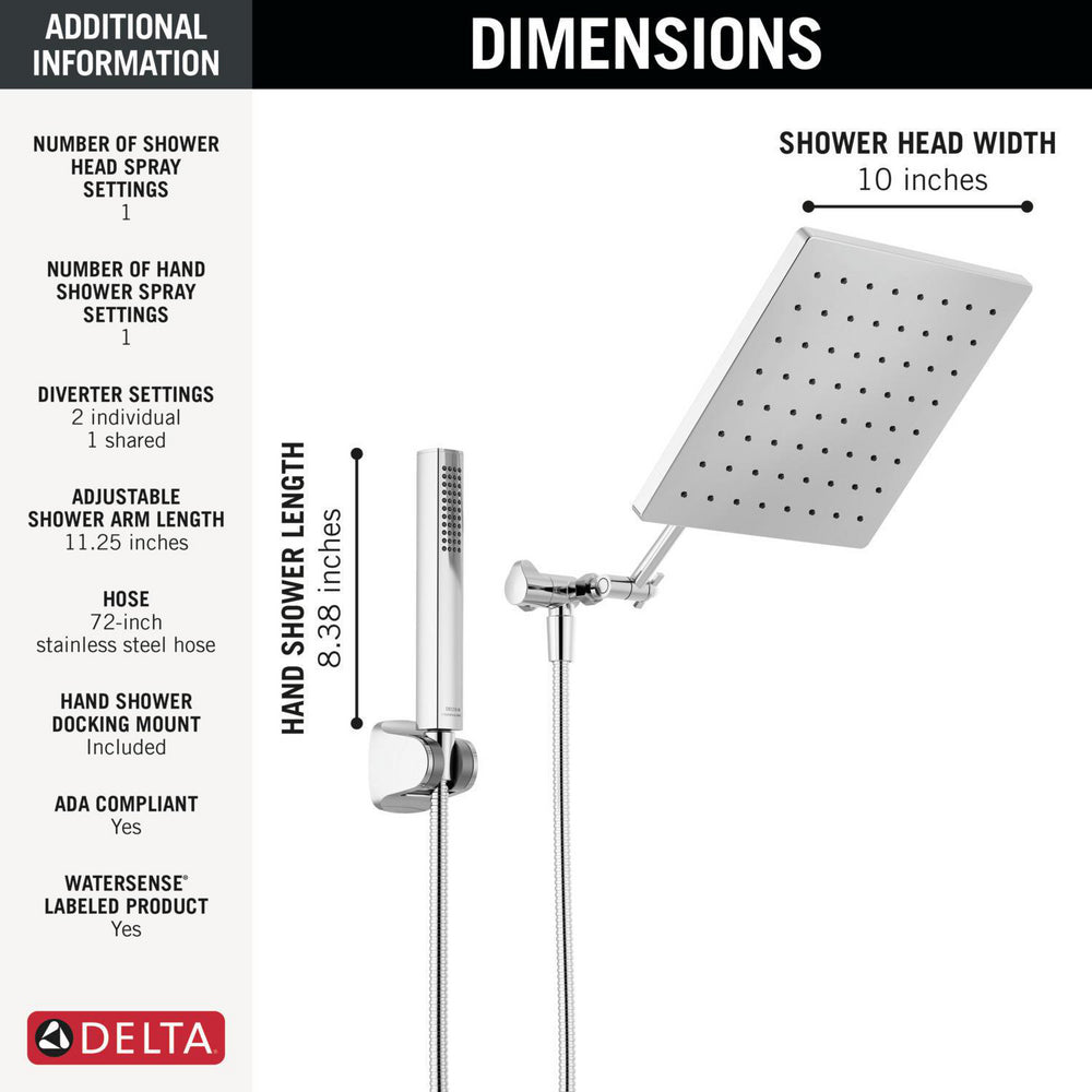 Delta Universal Showering 10 inch Raincan Shower Head & Hand Held Combo with Adjustable Extension Arm - 75527
