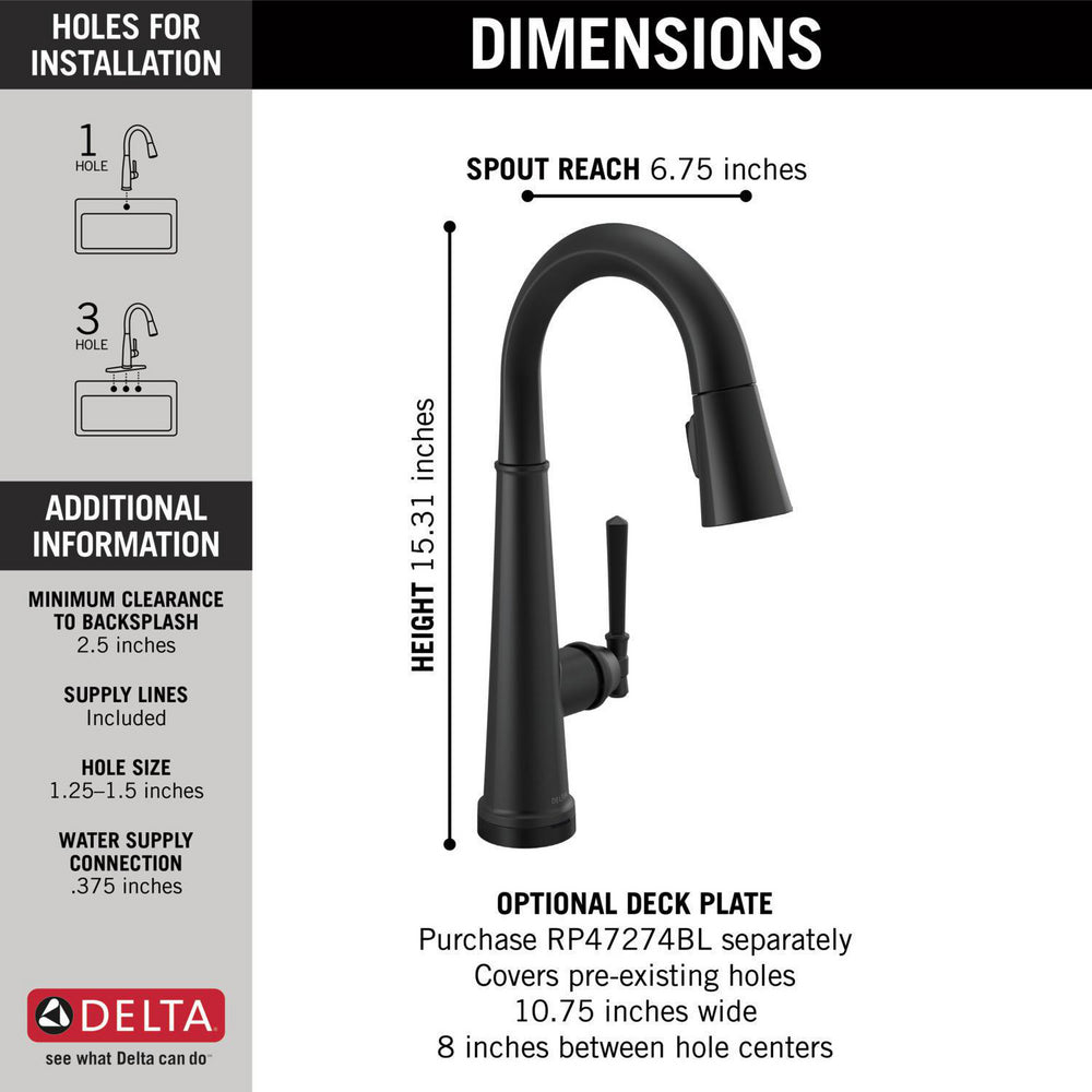 Delta Emmeline Single Handle Pull Down Bar/Prep Faucet with Touch2O Technology - 9982T