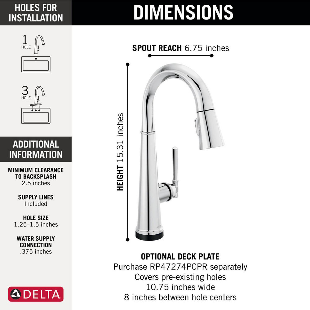 Delta Emmeline Single Handle Pull Down Bar/Prep Faucet with Touch2O Technology - 9982T