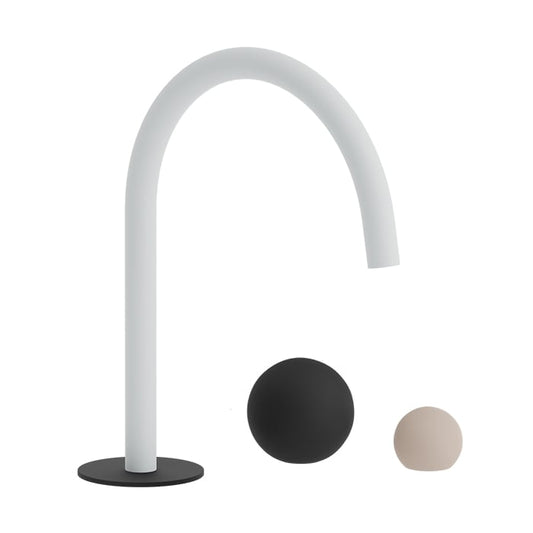 Baril Marie B35-8009-00L two-handle deck-mounted lavatory faucet: Mist spout, Matte Black flange and large handle, Blush small handle