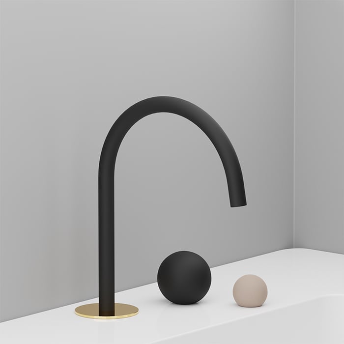 Baril Marie B35-8009-00L two-handle deck-mounted lavatory faucet: Matte Black spout, French Gold flange, Matte Black large handle and Blush small handle