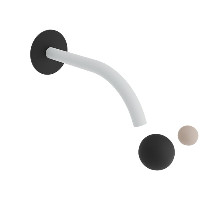 Baril B35-8100-00L reference photo: Mist spout, Matte Black flange and large handle, Blush small handle; selected finishes may differ