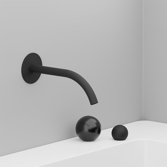Baril Marie B35-8100-00L Wall-Mounted Lavatory Faucet - Matte Black spout, Matte Black flange, Glossy Black large handle, Matte Black small handle