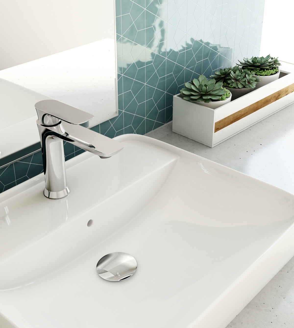 Baril Sens B45 single-hole lavatory faucet installed, Chrome