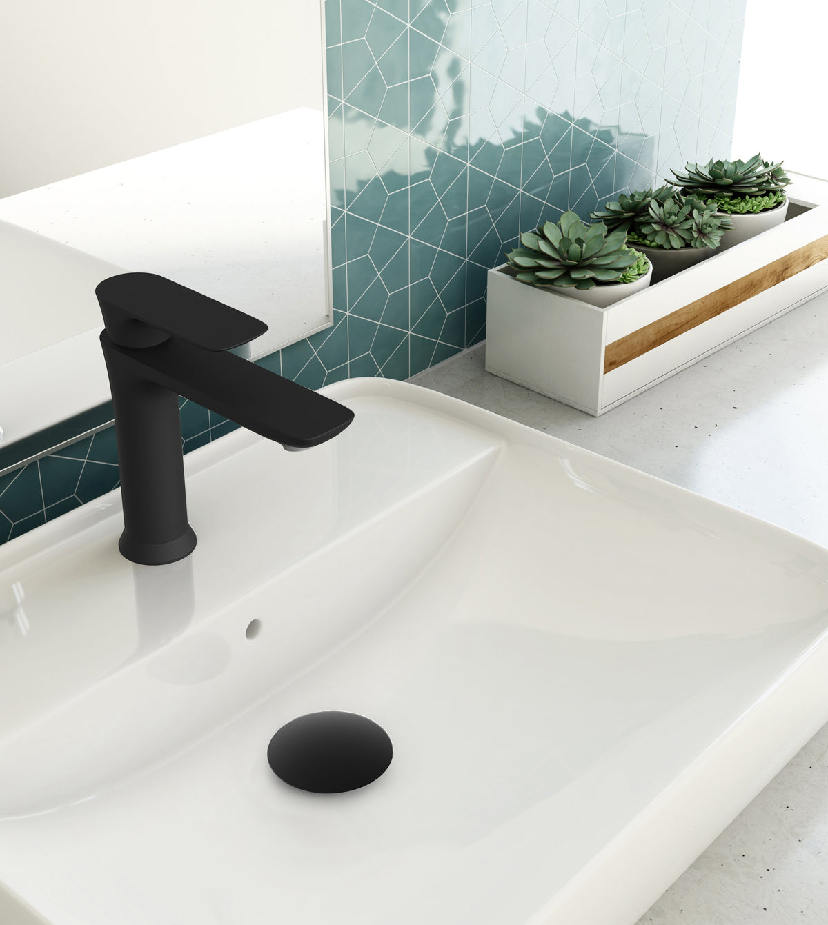 Baril Sens B45 single-hole lavatory faucet installed, Matte Black
