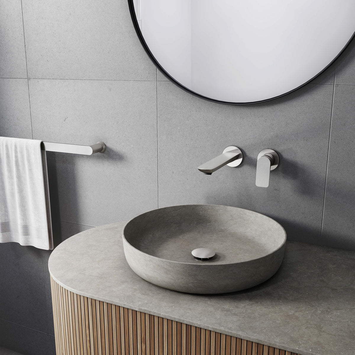 Baril Sens B45 wall-mounted lavatory faucet in Brushed Nickel, installed setting