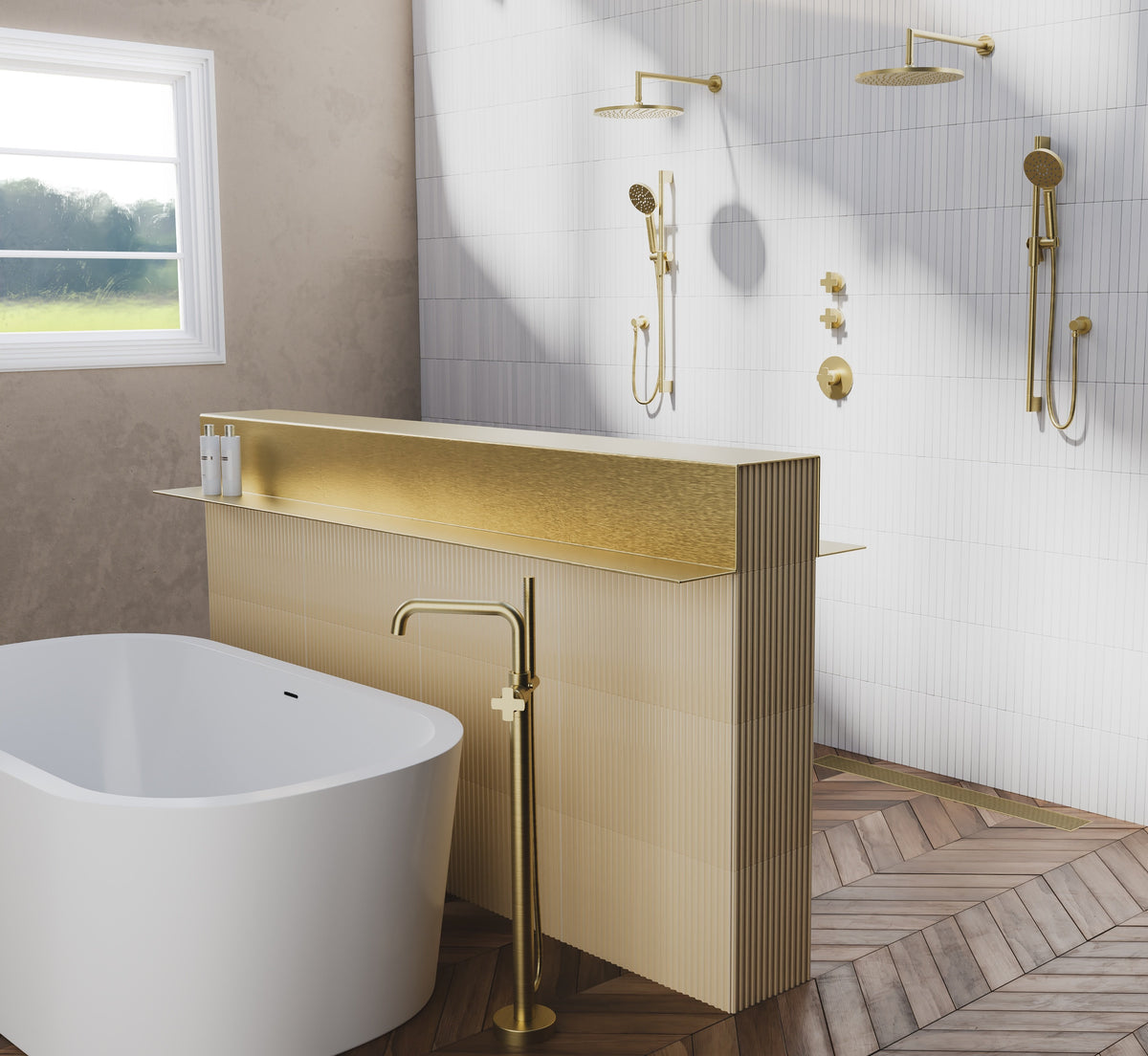 Baril Air B80 T80-9401-00 in a Satin Brass bathroom installation; shown with separately sold handles, shower fittings and tub filler