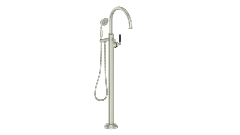 Vogt Carinthia Floor-Mount Tub Filler in Brushed Nickel & Matte Black with Octagonal Handle – BF.C2.2100.BB