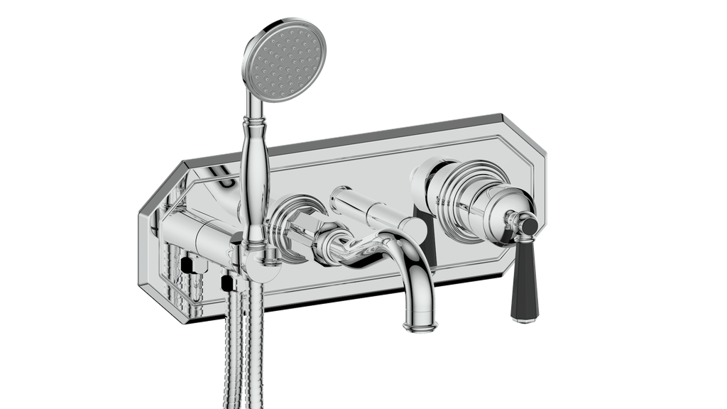 Vogt Carinthia Wall-Mount Tub Filler in Chrome & Matte Black with Octagonal Handle – BF.C2.2220.CB