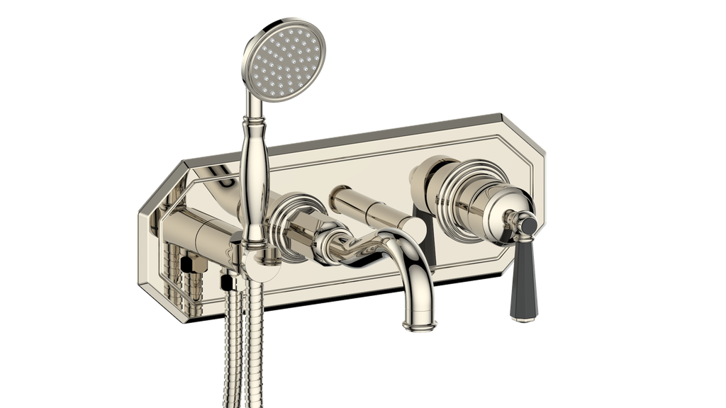 Vogt Carinthia Wall-Mount Tub Filler in Polished Nickel & Matte Black with Octagonal Handle – BF.C2.2220.PB