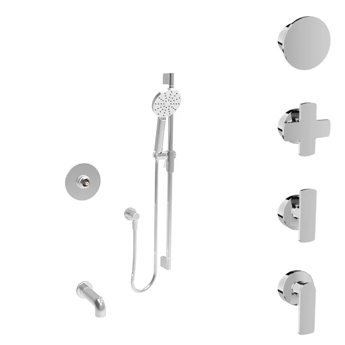 Baril Air B80 TRO-2201-80 Chrome tub and hand shower trim overview with four optional handle styles; handle kit and rough-in valve sold separately