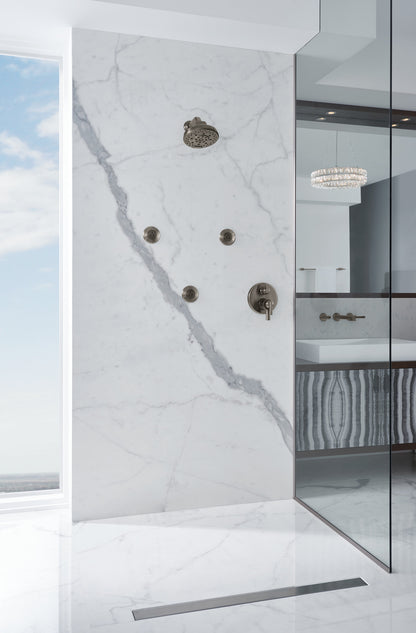 Brizo Levoir T75698-SL thermostatic trim in Luxe Steel, installed setting 1; other fixtures shown sold separately