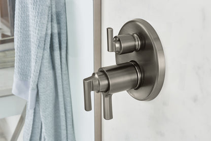 Brizo Levoir T75698-SL thermostatic trim in Luxe Steel, installed setting 10; other fixtures shown sold separately