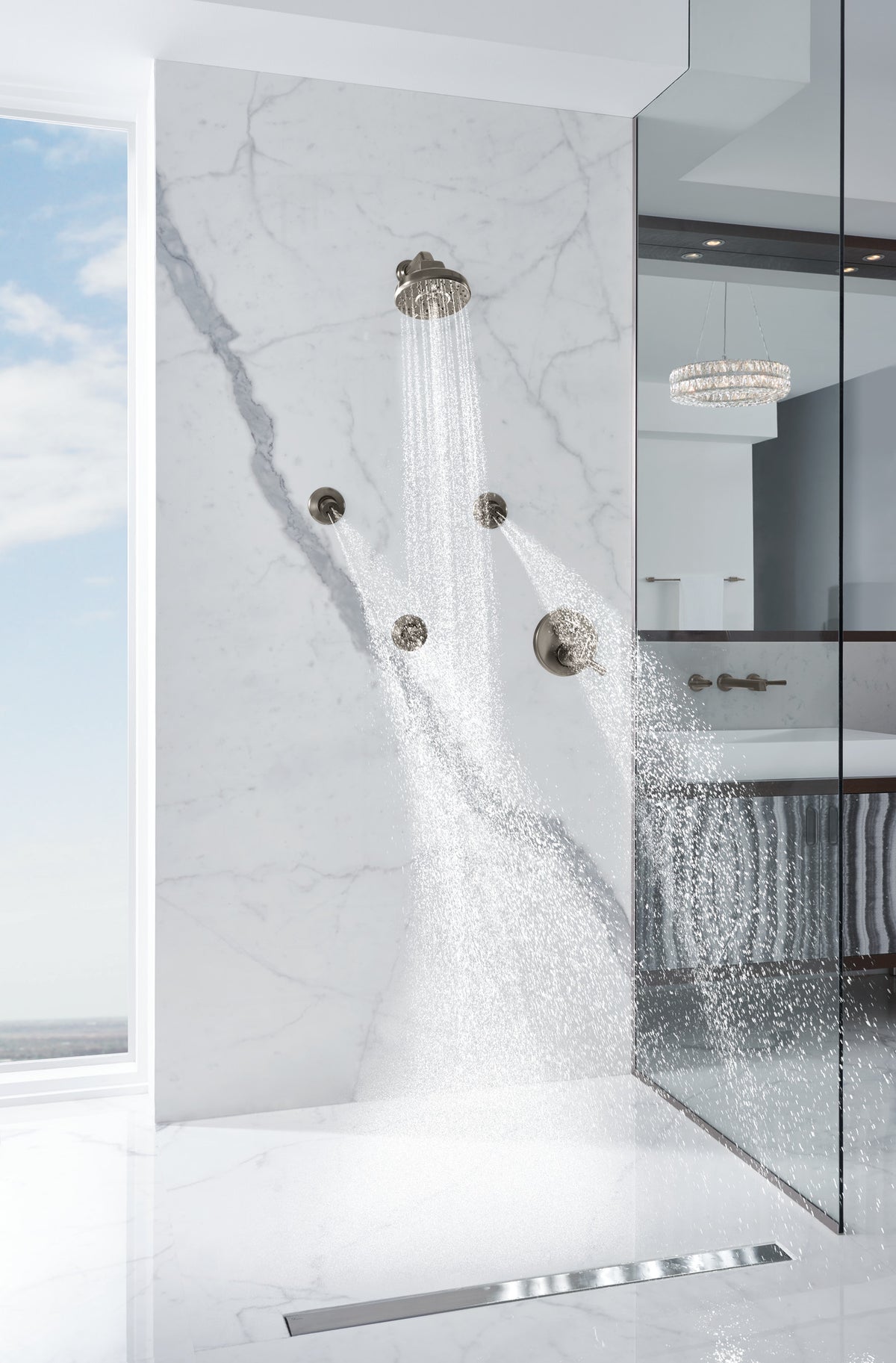 Brizo Levoir T75698-SL thermostatic trim in Luxe Steel, installed setting 12; other fixtures shown sold separately