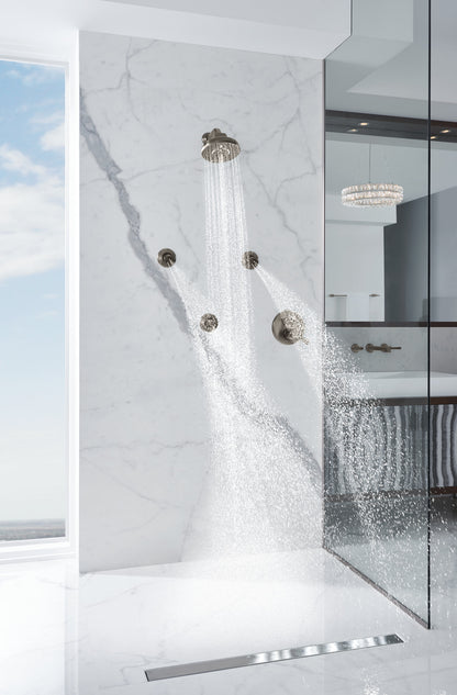 Brizo Levoir T75698-SL thermostatic trim in Luxe Steel, installed setting 12; other fixtures shown sold separately