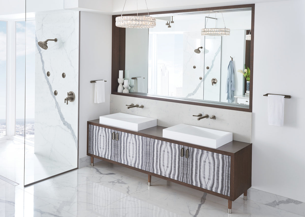 Brizo Levoir T75698-SL thermostatic trim in Luxe Steel, installed setting 13; other fixtures shown sold separately