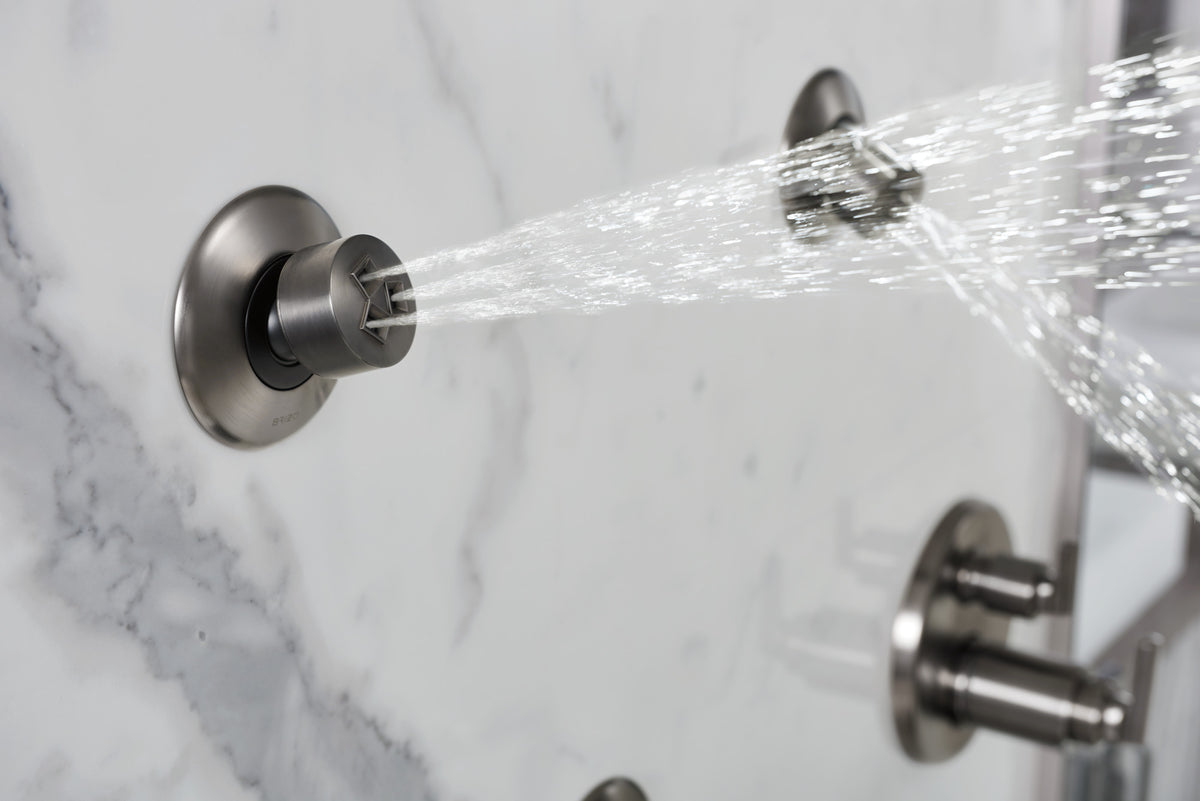 Brizo Levoir T75698-SL thermostatic trim in Luxe Steel, installed setting 14; other fixtures shown sold separately