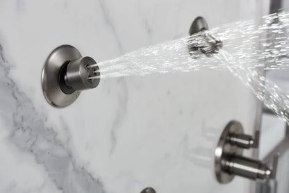 Brizo Levoir T75698-SL thermostatic trim in Luxe Steel, installed setting 14; other fixtures shown sold separately
