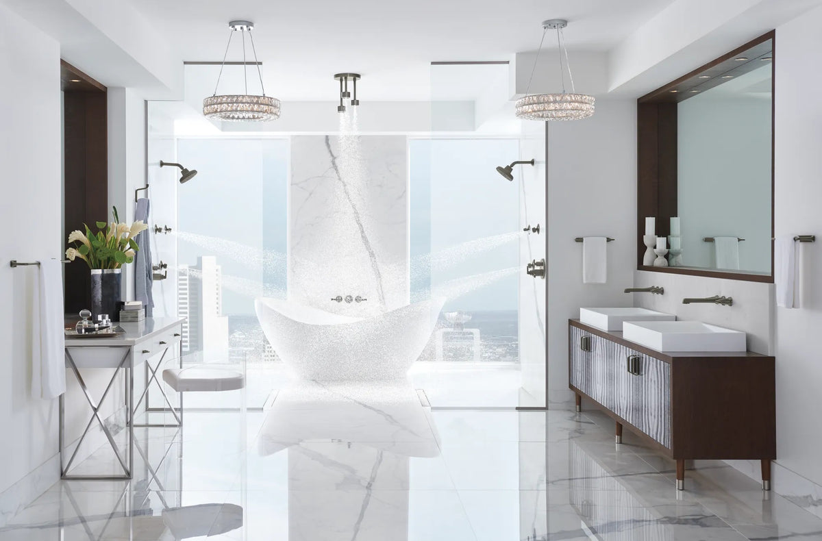 Brizo Levoir T75698-SL thermostatic trim in Luxe Steel, installed setting 15; other fixtures shown sold separately