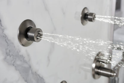 Brizo Levoir T75698-SL thermostatic trim in Luxe Steel, installed setting 5; other fixtures shown sold separately