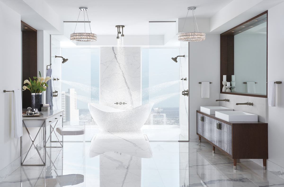 Brizo Levoir T75698-SL thermostatic trim in Luxe Steel, installed setting 6; other fixtures shown sold separately