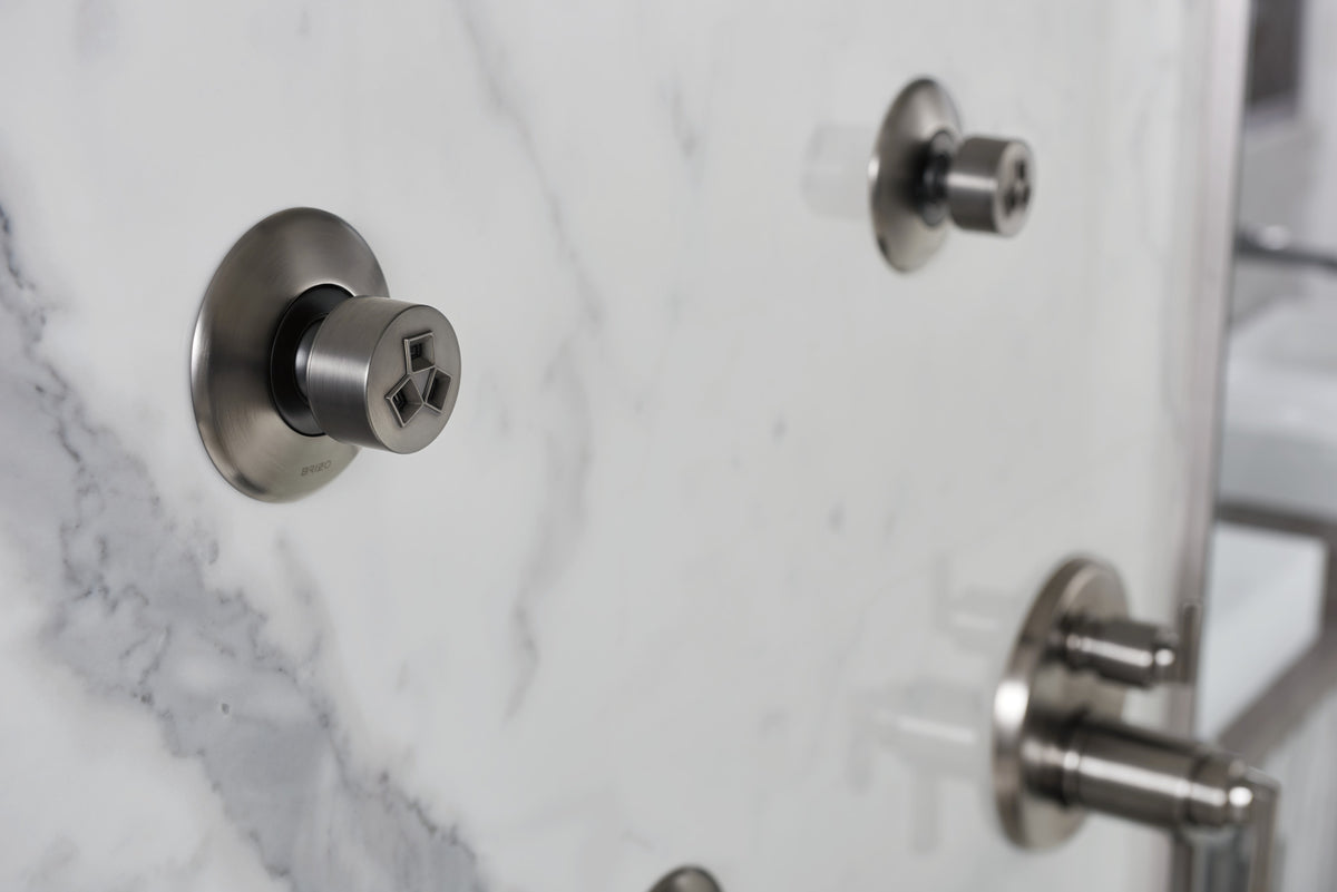 Brizo Levoir T75698-SL thermostatic trim in Luxe Steel, installed setting 7; other fixtures shown sold separately