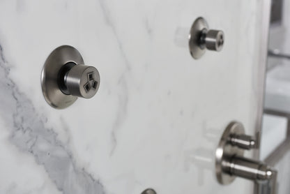 Brizo Levoir T75698-SL thermostatic trim in Luxe Steel, installed setting 7; other fixtures shown sold separately