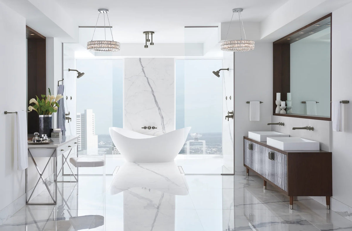 Brizo Levoir T75698-SL thermostatic trim in Luxe Steel, installed setting 8; other fixtures shown sold separately
