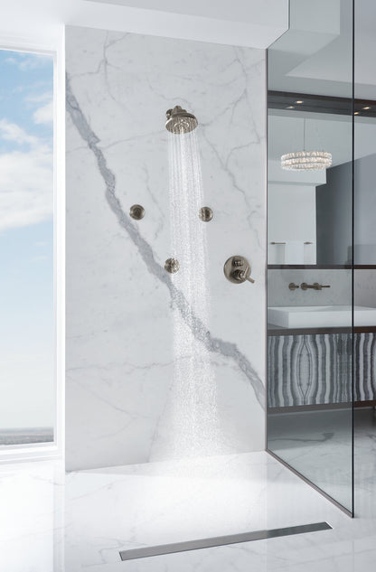 Brizo Levoir T75698-SL thermostatic trim in Luxe Steel, installed setting 9; other fixtures shown sold separately