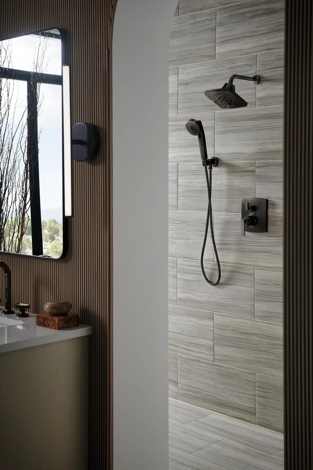 Brizo Kintsu T75P506-BNXLHP in Black Onyx with separately sold handles and shower fixtures, installed view 1