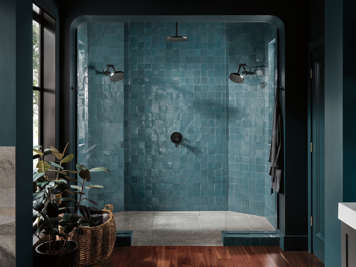 Jason Wu T75P675 Matte Black trim shown installed with separately sold handles and shower components