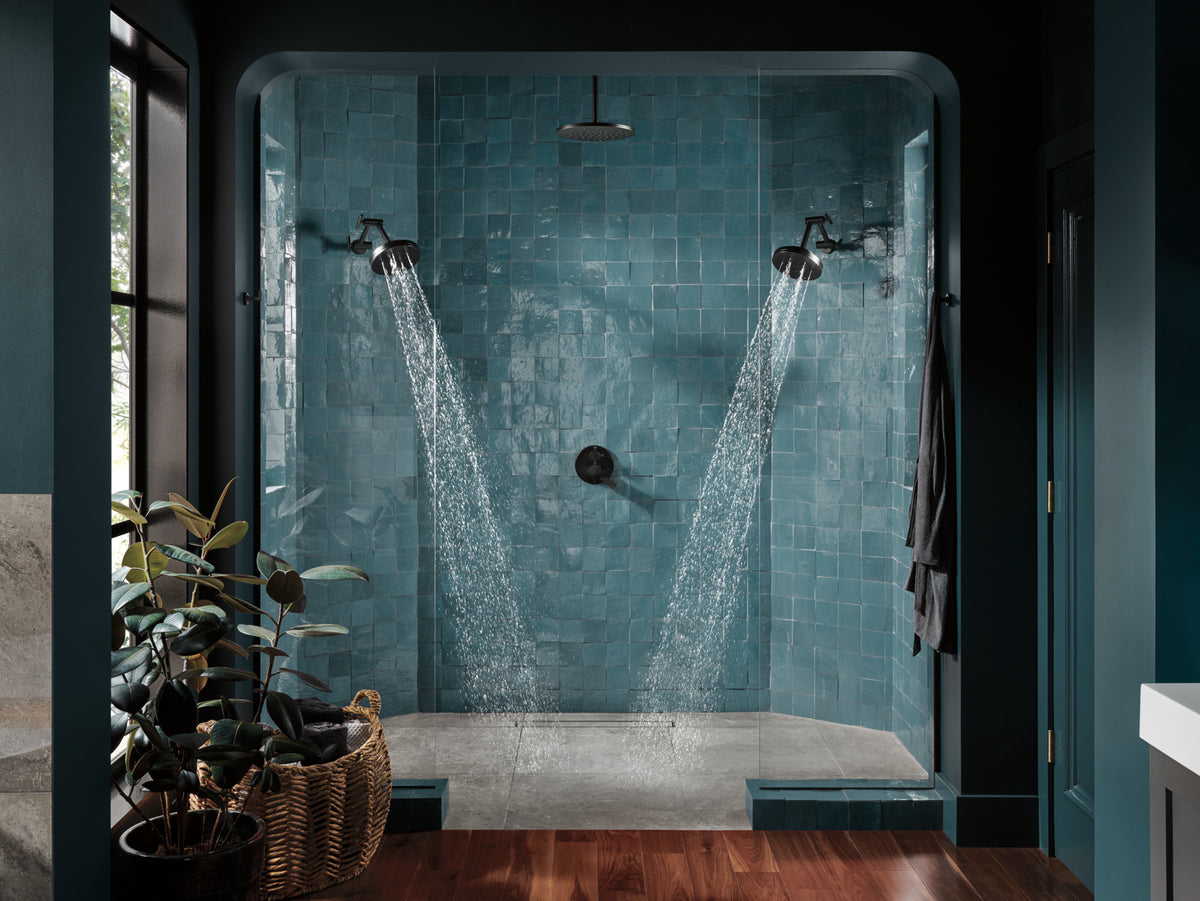 Jason Wu Matte Black shower installation with T75P675 trim; handles and shower components sold separately