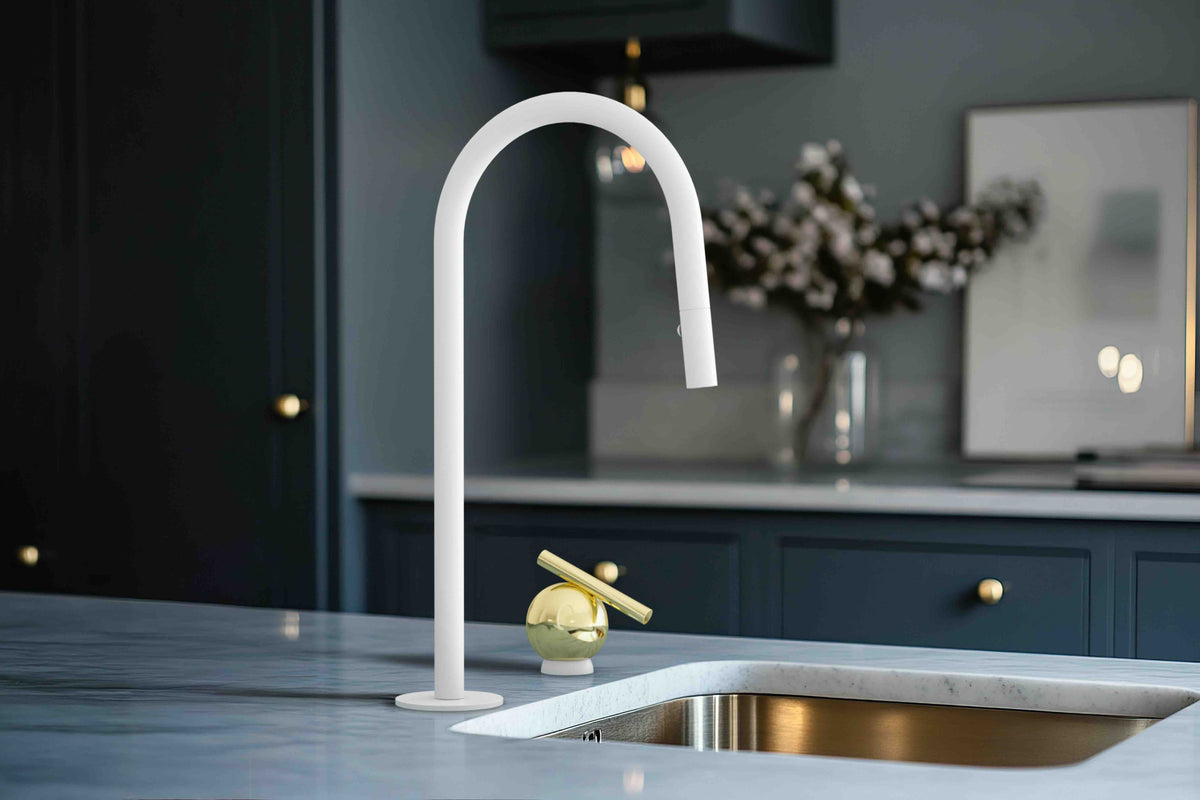 Baril Marie C35 kitchen faucet and M35 handle shown together; each sold separately