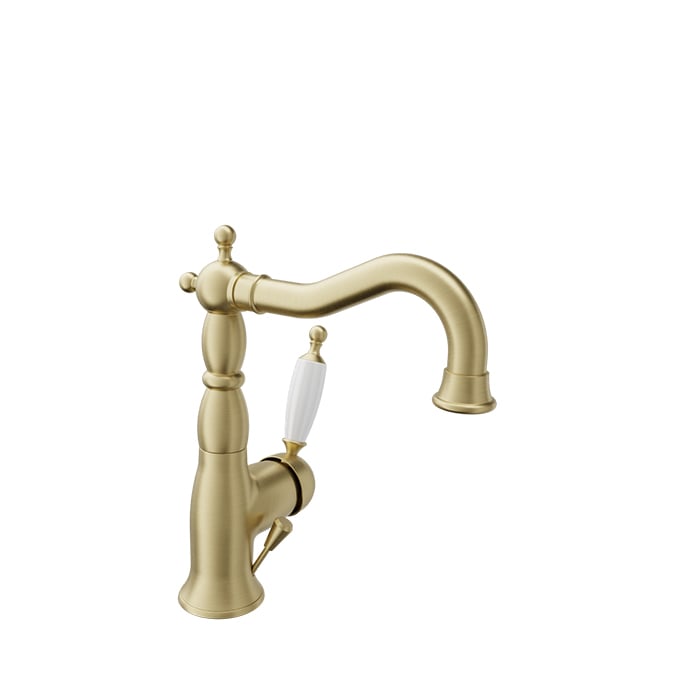 Baril Victoire B74 Antique-Style Single-Hole Lavatory Faucet, Drain Included - Satin Brass / White