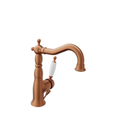 Baril Victoire B74 Antique-Style Single-Hole Lavatory Faucet, Drain Included - Satin Copper / White