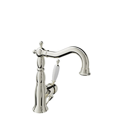 Baril Victoire B74 Antique-Style Single-Hole Lavatory Faucet, Drain Included - Polished Nickel / White