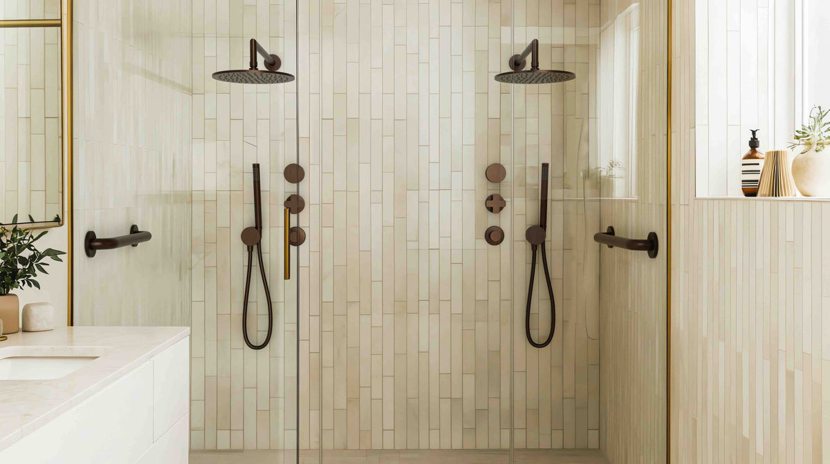 Baril Air B80 Venetian Bronze shower installation shown for inspiration; complete shower fixtures and accessories are sold separately.