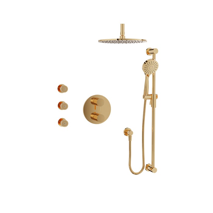 Baril Zip B66 Complete Thermostatic Pressure-Balanced Shower Kit, Ceiling-Mount Head with Body Jets - Gold