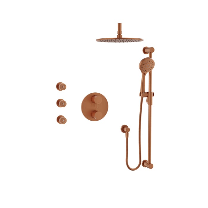 Baril Zip B66 Complete Thermostatic Pressure-Balanced Shower Kit, Ceiling-Mount Head with Body Jets - Satin Copper