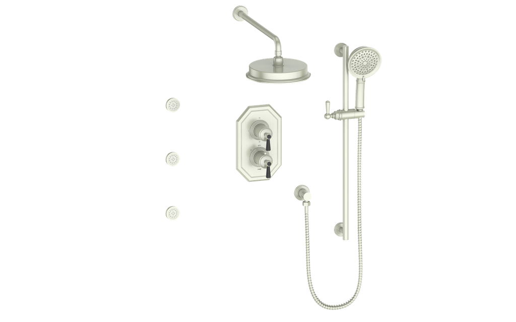 Vogt Carinthia 3-Way Thermostatic Shower System with Body Jets in Brushed Nickel & Matte Black with Round Handle – SET.C1.320.810.BB