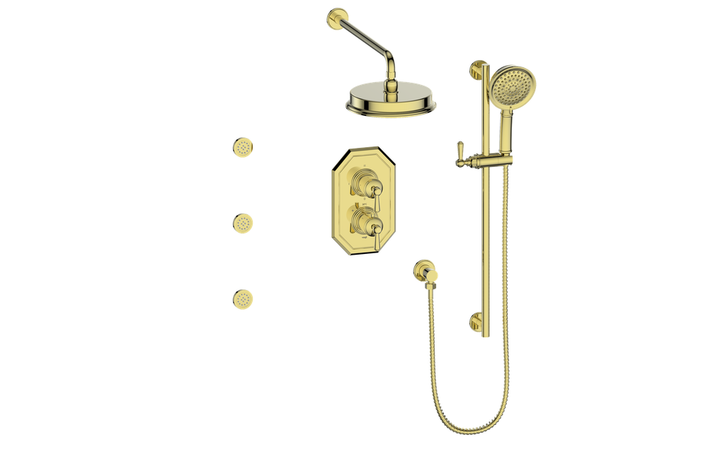 Vogt Carinthia 3-Way Thermostatic Shower System with Body Jets in Brushed Gold with Round Handle – SET.C1.320.810.BG