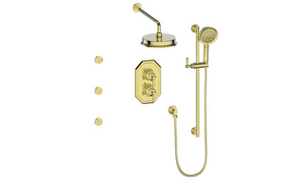 Vogt Carinthia 3-Way Thermostatic Shower System with Body Jets in Brushed Gold with Round Handle – SET.C1.320.810.BG