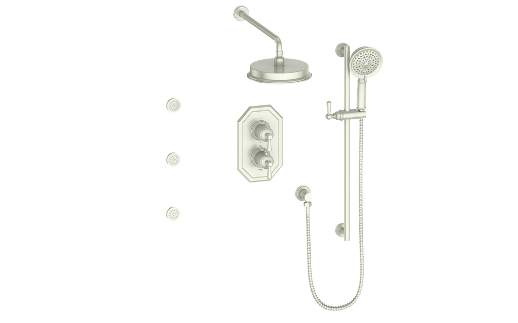 Vogt Carinthia 3-Way Thermostatic Shower System with Body Jets in Brushed Nickel with Round Handle – SET.C1.320.810.BN
