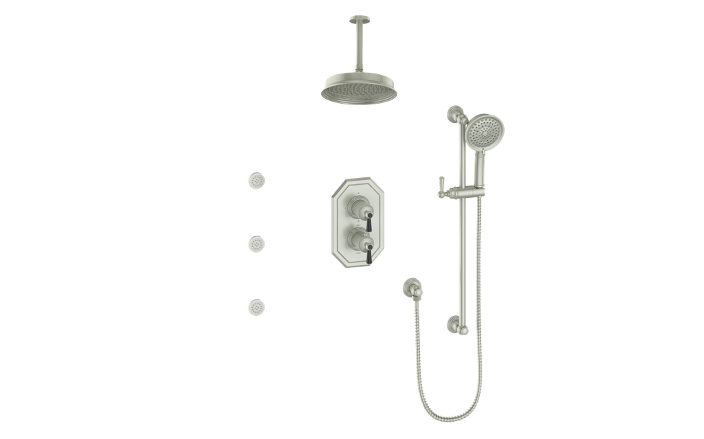 Vogt Carinthia 3-Way Thermostatic Shower System with Body Jets, 6" Ceiling Arm, in Brushed Nickel & Matte Black with Round Handle – SET.C1.320.816.BB