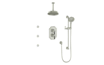 Vogt Carinthia 3-Way Thermostatic Shower System with Body Jets, 6" Ceiling Arm, in Brushed Nickel & Matte Black with Round Handle – SET.C1.320.816.BB