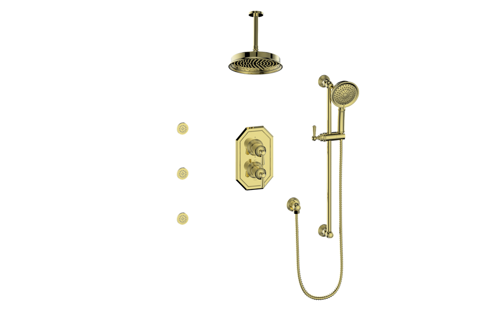 Vogt Carinthia 3-Way Thermostatic Shower System with Body Jets, 6" Ceiling Arm, in Brushed Gold with Round Handle – SET.C1.320.816.BG